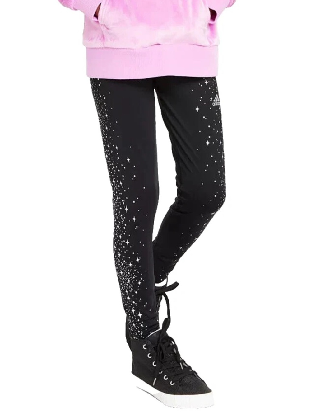 Adidas Big Girls Glam Athletic Tights Leggings Black and Silver Stars Size L 14
